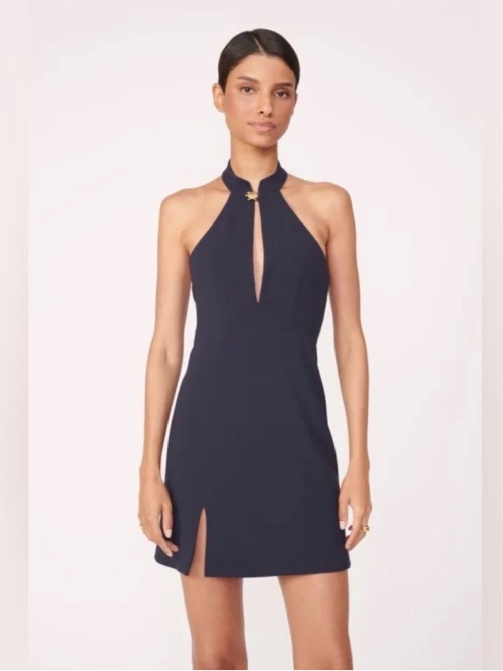 New STAUD Erica Halter Mini Dress - Navy Blue with Gold Accents